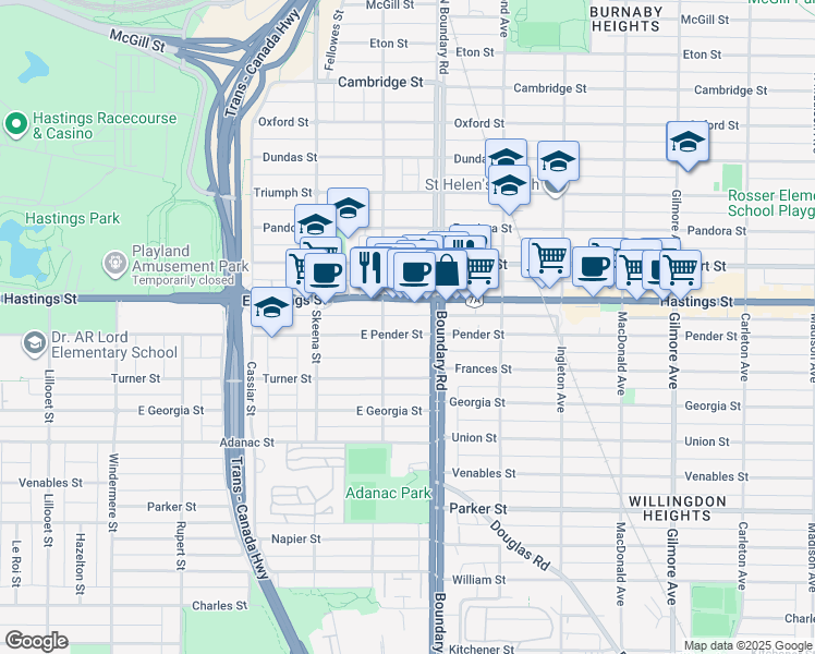 map of restaurants, bars, coffee shops, grocery stores, and more near 3643 East Pender Street in Vancouver