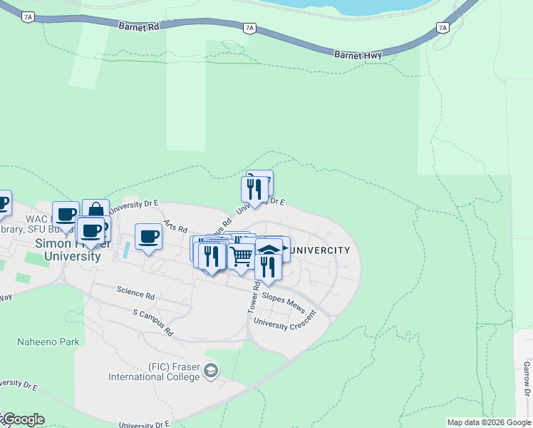 map of restaurants, bars, coffee shops, grocery stores, and more near 8940 University Crescent in Burnaby