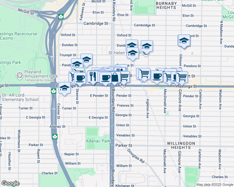 map of restaurants, bars, coffee shops, grocery stores, and more near 3728 British Columbia 7A in Burnaby