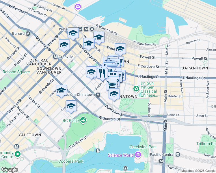 map of restaurants, bars, coffee shops, grocery stores, and more near 140 West Pender Street in Vancouver
