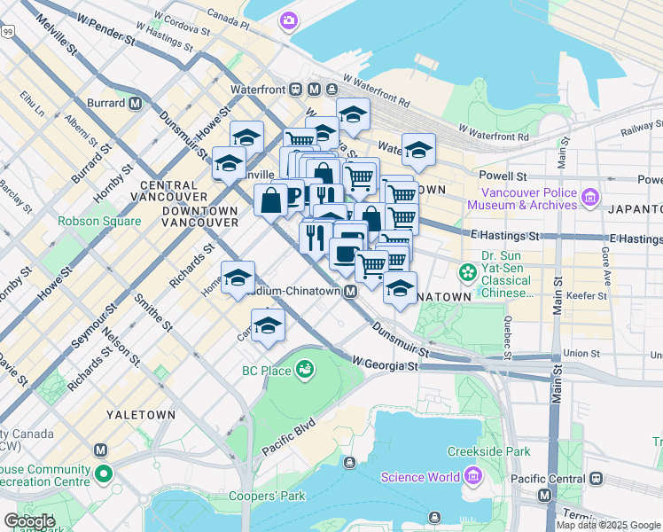 map of restaurants, bars, coffee shops, grocery stores, and more near 111 Dunsmuir Street in Vancouver