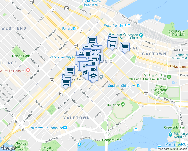 map of restaurants, bars, coffee shops, grocery stores, and more near in Vancouver