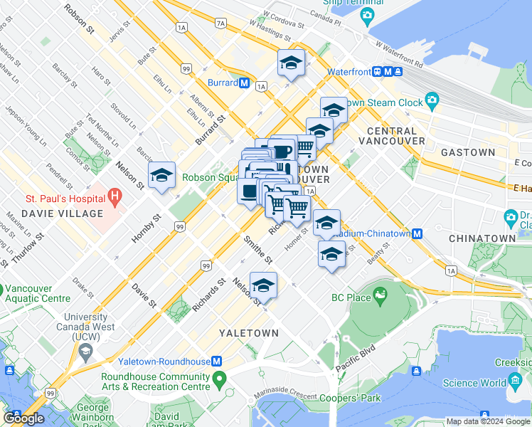 map of restaurants, bars, coffee shops, grocery stores, and more near 757 British Columbia 99 in Vancouver