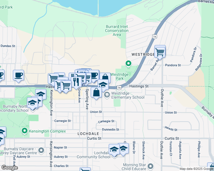 map of restaurants, bars, coffee shops, grocery stores, and more near 6939 Hastings Street in Burnaby
