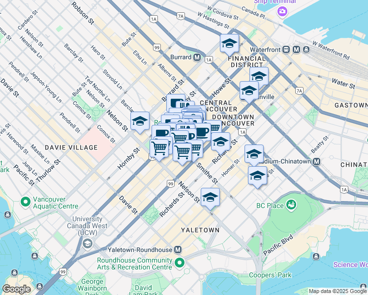 map of restaurants, bars, coffee shops, grocery stores, and more near 701 Smithe Street in Vancouver