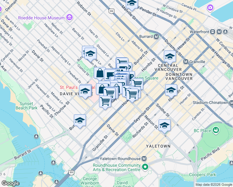 map of restaurants, bars, coffee shops, grocery stores, and more near 938 Nelson Street in Vancouver