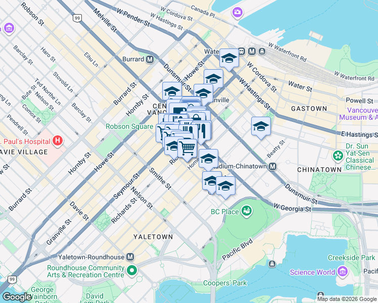 map of restaurants, bars, coffee shops, grocery stores, and more near 788 Richards Street in Vancouver