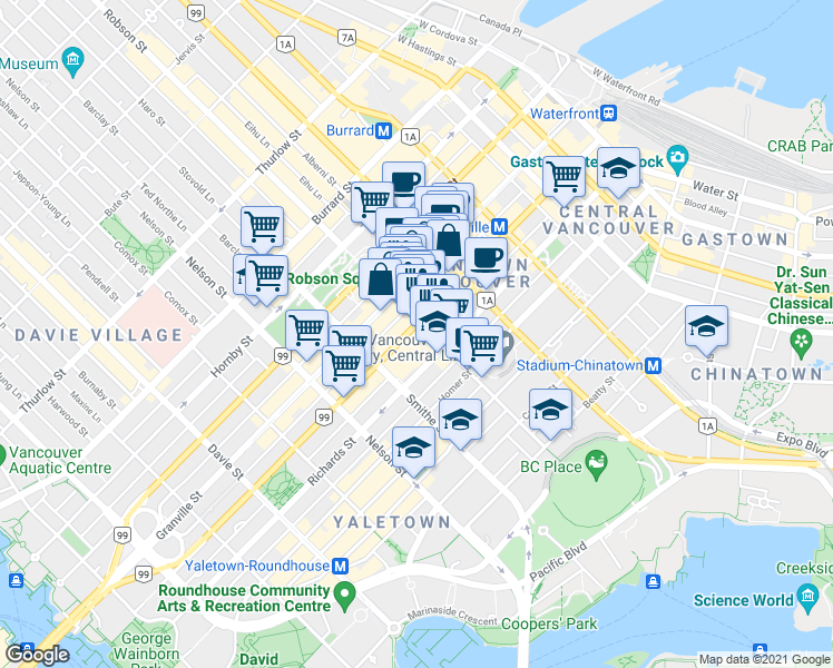 map of restaurants, bars, coffee shops, grocery stores, and more near 757 British Columbia 99 in Vancouver