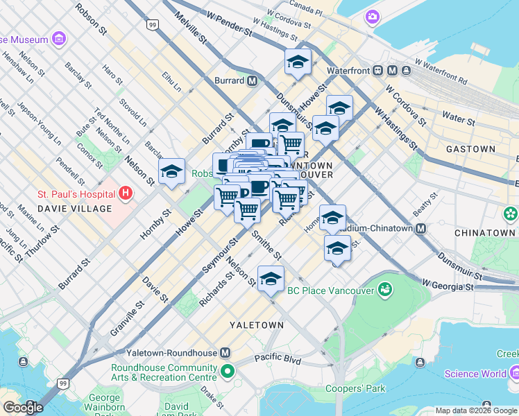 map of restaurants, bars, coffee shops, grocery stores, and more near 833 Seymour Street in Vancouver