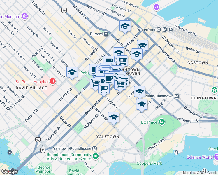 map of restaurants, bars, coffee shops, grocery stores, and more near 833 Seymour Street in Vancouver