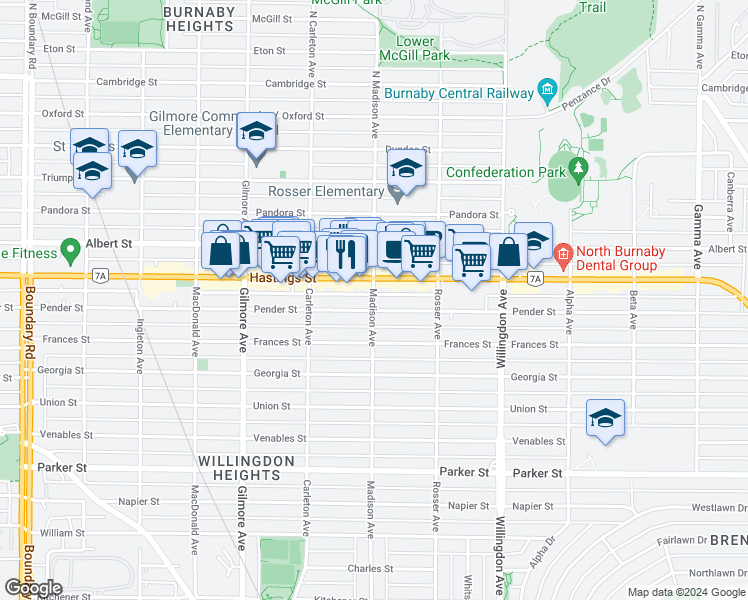 map of restaurants, bars, coffee shops, grocery stores, and more near 404 Madison Avenue in Burnaby