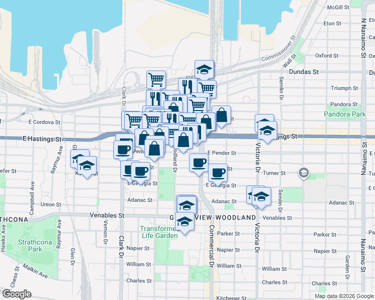map of restaurants, bars, coffee shops, grocery stores, and more near 1647 East Pender Street in Vancouver