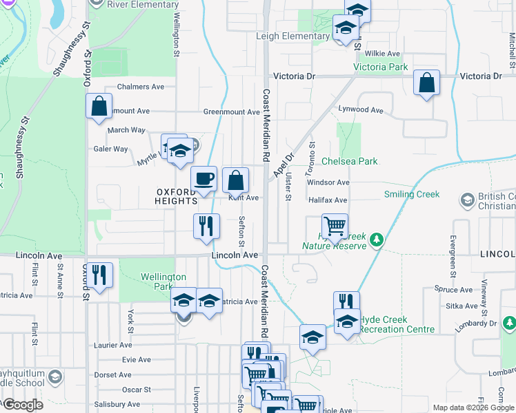 map of restaurants, bars, coffee shops, grocery stores, and more near 1533 Kent Avenue in Port Coquitlam