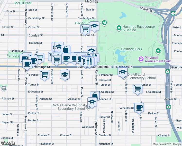 map of restaurants, bars, coffee shops, grocery stores, and more near 2871 East Pender Street in Vancouver