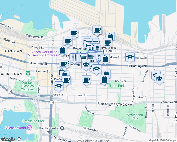 map of restaurants, bars, coffee shops, grocery stores, and more near 488 Jackson Avenue in Vancouver