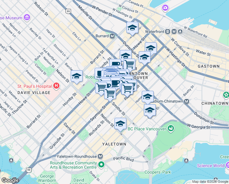 map of restaurants, bars, coffee shops, grocery stores, and more near 833 Seymour Street in Vancouver