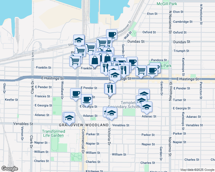 map of restaurants, bars, coffee shops, grocery stores, and more near 465 Victoria Drive in Vancouver