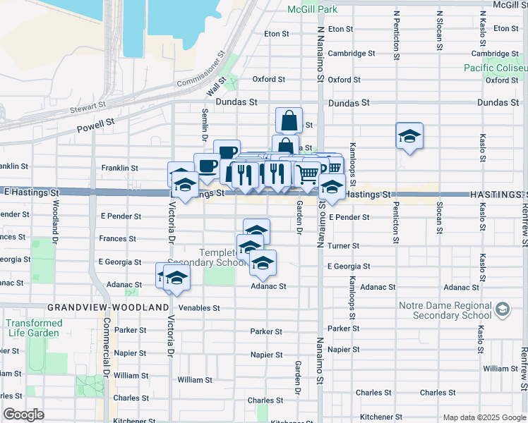 map of restaurants, bars, coffee shops, grocery stores, and more near 2195 East Pender Street in Vancouver
