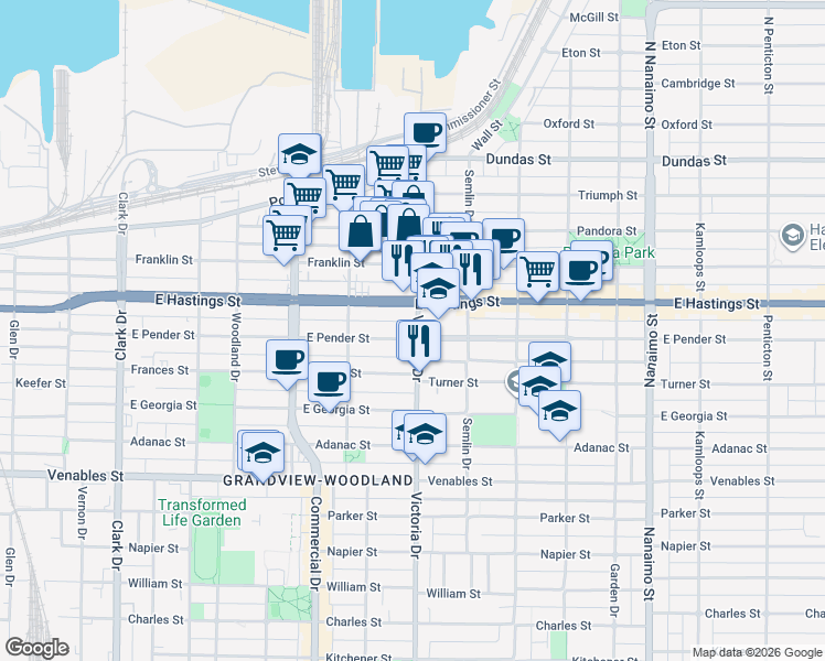 map of restaurants, bars, coffee shops, grocery stores, and more near 465 Victoria Drive in Vancouver