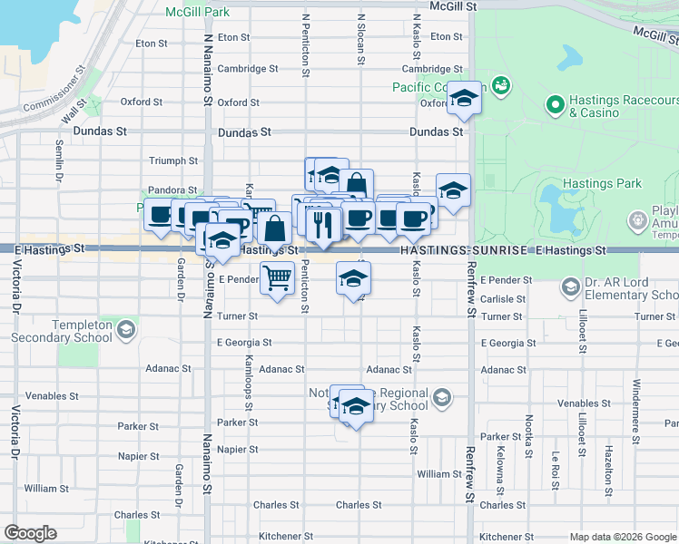 map of restaurants, bars, coffee shops, grocery stores, and more near 2665 East Pender Street in Vancouver