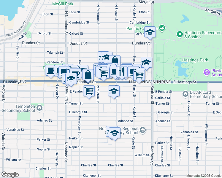 map of restaurants, bars, coffee shops, grocery stores, and more near 2687 East Pender Street in Vancouver