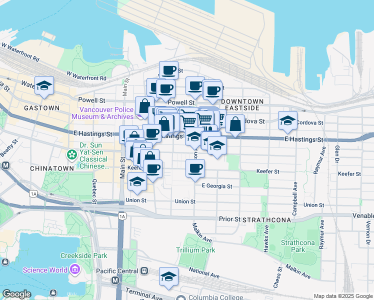 map of restaurants, bars, coffee shops, grocery stores, and more near 451 East Pender Street in Vancouver