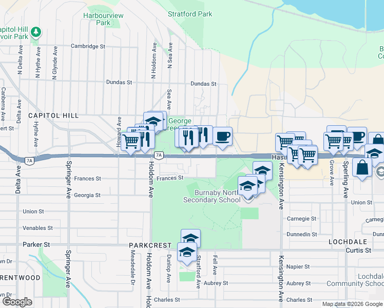 map of restaurants, bars, coffee shops, grocery stores, and more near 5937 Hastings Street in Burnaby