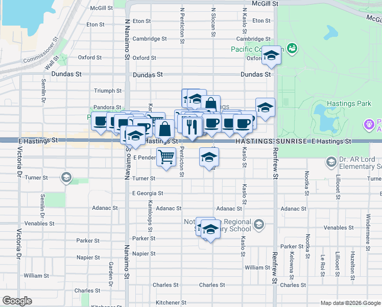 map of restaurants, bars, coffee shops, grocery stores, and more near 2631 East Pender Street in Vancouver