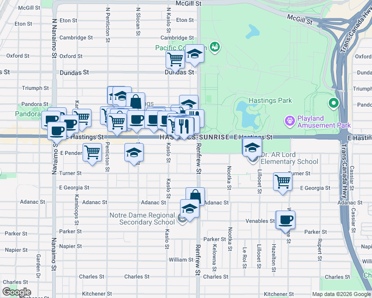 map of restaurants, bars, coffee shops, grocery stores, and more near 2861 East Pender Street in Vancouver