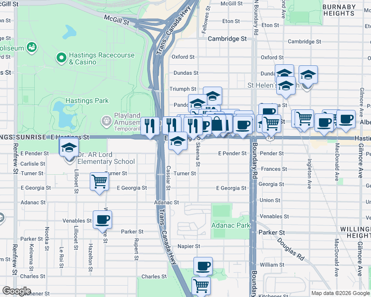 map of restaurants, bars, coffee shops, grocery stores, and more near 3461 East Pender Street in Vancouver