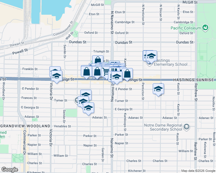 map of restaurants, bars, coffee shops, grocery stores, and more near 2349 East Pender Street in Vancouver