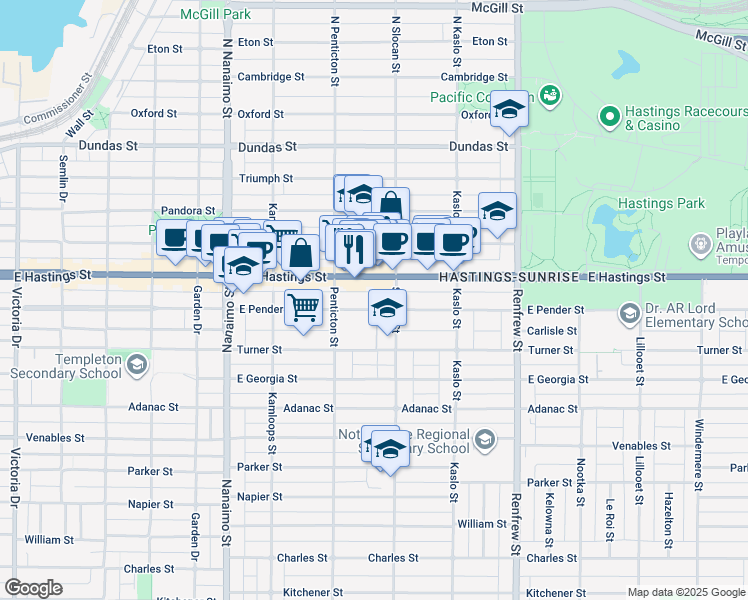 map of restaurants, bars, coffee shops, grocery stores, and more near 2667 East Pender Street in Vancouver