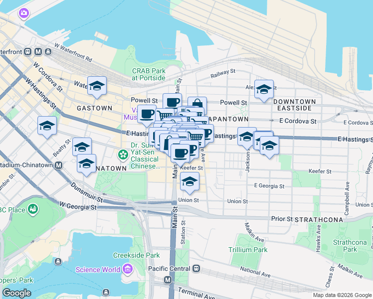 map of restaurants, bars, coffee shops, grocery stores, and more near 231 East Pender Street in Vancouver