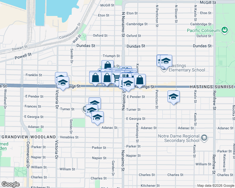 map of restaurants, bars, coffee shops, grocery stores, and more near 2337 East Pender Street in Vancouver