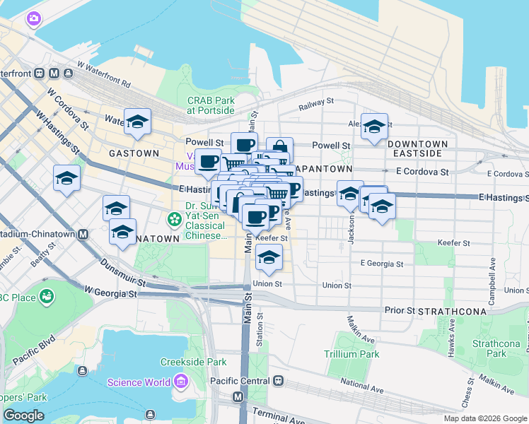 map of restaurants, bars, coffee shops, grocery stores, and more near 500 Main Street in Vancouver