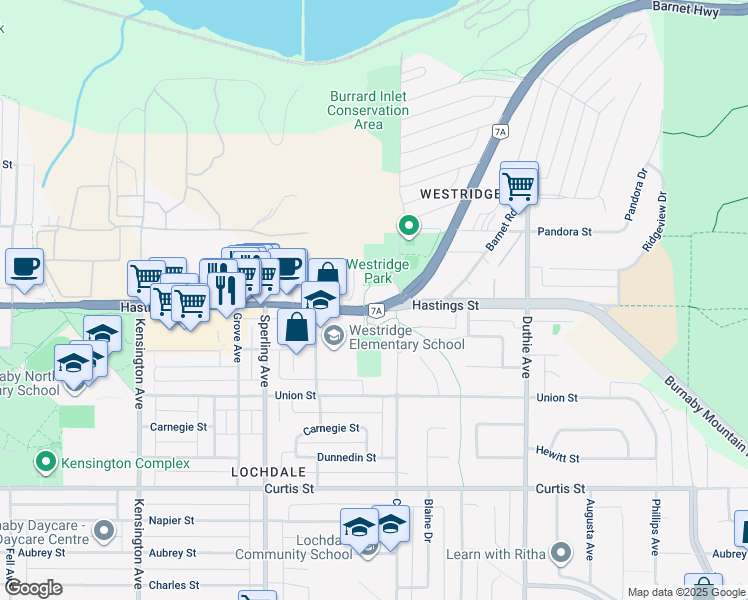 map of restaurants, bars, coffee shops, grocery stores, and more near 6965 Hastings Street in Burnaby