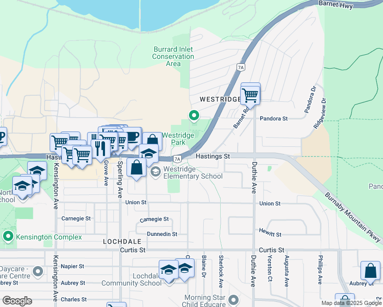 map of restaurants, bars, coffee shops, grocery stores, and more near Hastings St & Cliff Ave in Burnaby