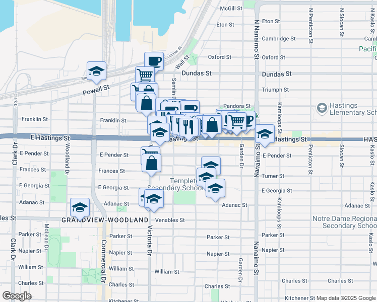map of restaurants, bars, coffee shops, grocery stores, and more near 2073 East Pender Street in Vancouver