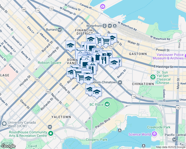map of restaurants, bars, coffee shops, grocery stores, and more near 349 West Georgia Street in Vancouver