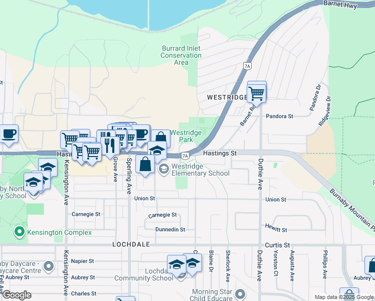 map of restaurants, bars, coffee shops, grocery stores, and more near 385 Cliff Avenue in Burnaby
