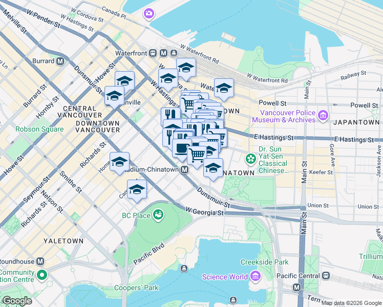 map of restaurants, bars, coffee shops, grocery stores, and more near in Vancouver