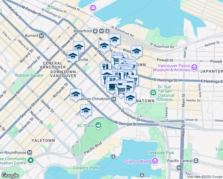 map of restaurants, bars, coffee shops, grocery stores, and more near in Vancouver