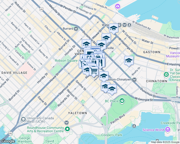 map of restaurants, bars, coffee shops, grocery stores, and more near 788 Richards Street in Vancouver