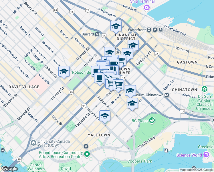 map of restaurants, bars, coffee shops, grocery stores, and more near in Vancouver