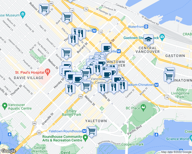 map of restaurants, bars, coffee shops, grocery stores, and more near 830 Granville Street in Vancouver