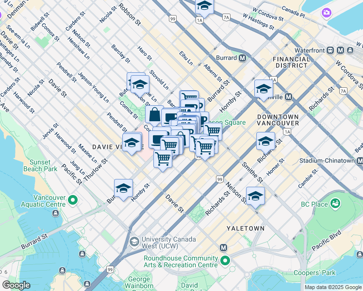 map of restaurants, bars, coffee shops, grocery stores, and more near in Vancouver
