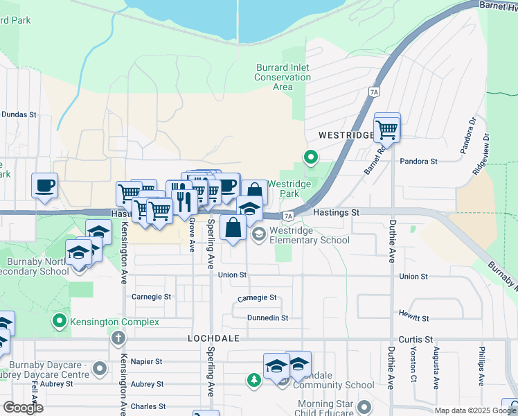 map of restaurants, bars, coffee shops, grocery stores, and more near 6939 Hastings Street in Burnaby