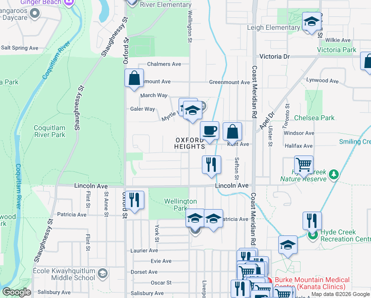 map of restaurants, bars, coffee shops, grocery stores, and more near 3803 Wellington Street in Port Coquitlam