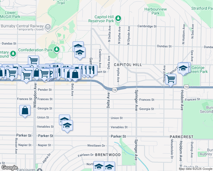 map of restaurants, bars, coffee shops, grocery stores, and more near 397 Delta Avenue in Burnaby
