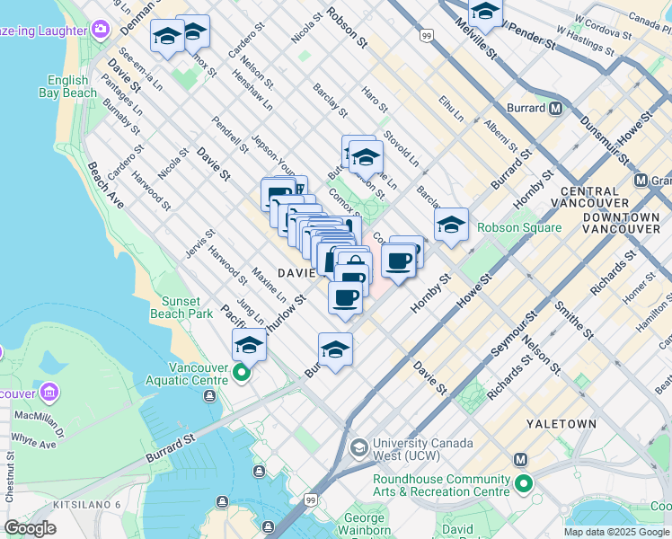 map of restaurants, bars, coffee shops, grocery stores, and more near in Vancouver